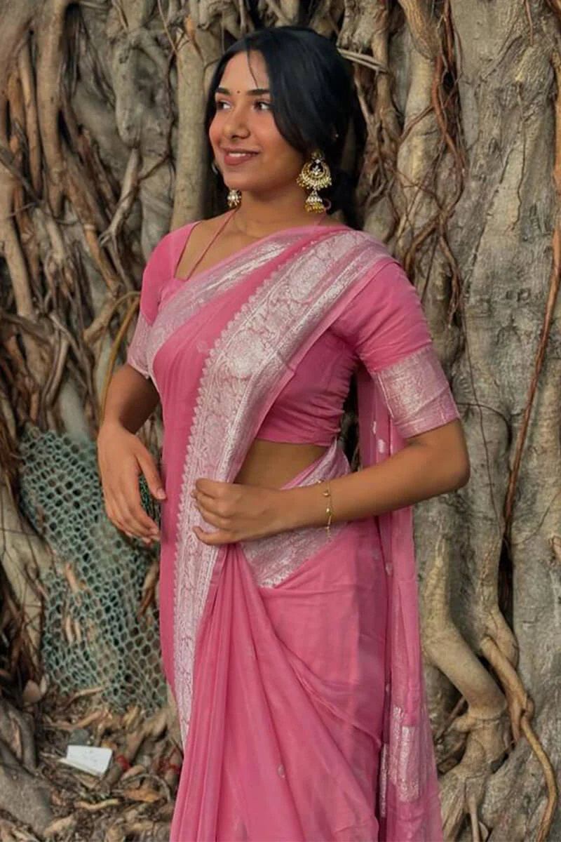 Pulsating Pink Cotton Silk Saree With Pleasurable Blouse Piece - Image 6