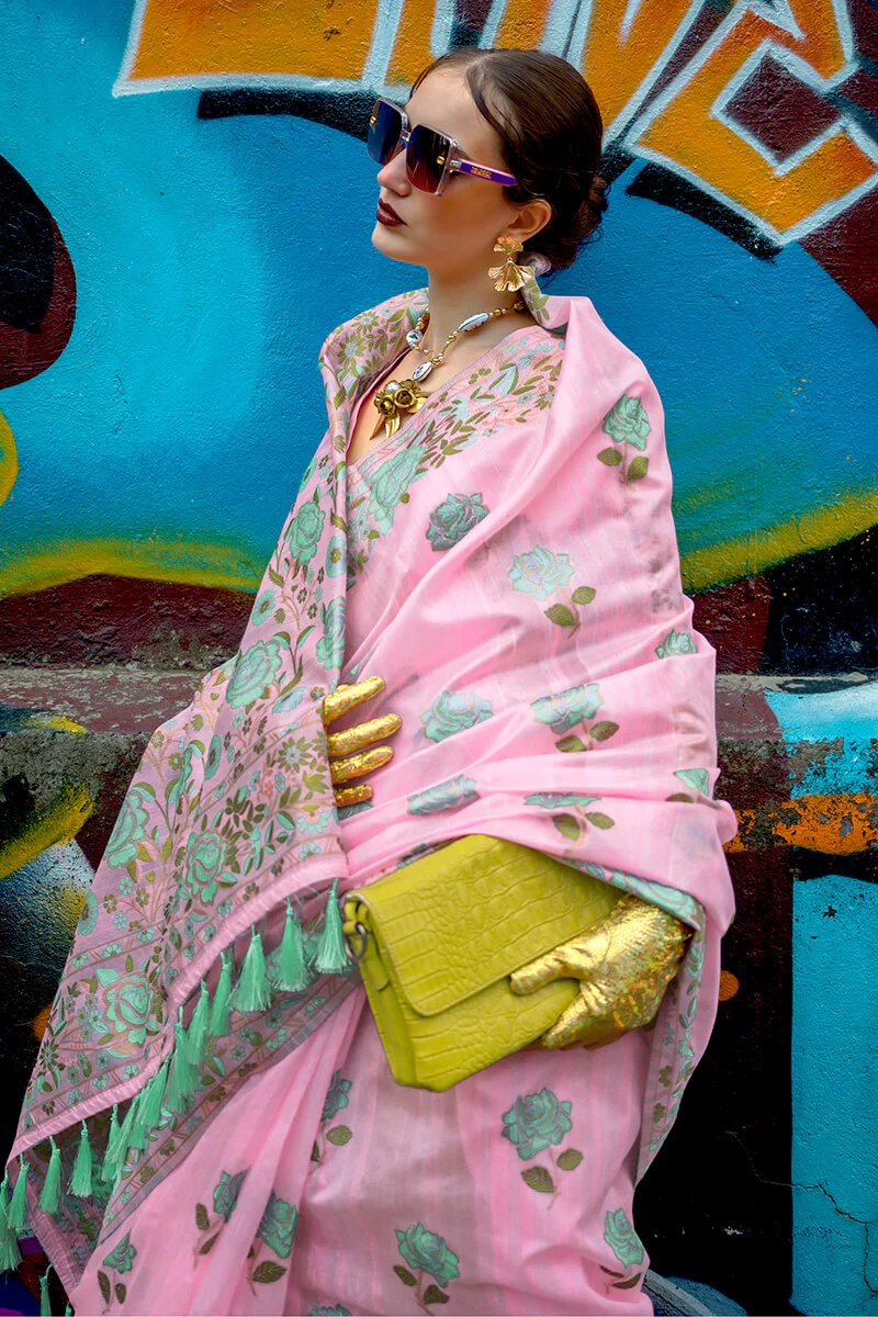 Quintessential Pink Parsi Handloom Woven Banarasi Silk Saree With Blouse Piece - Image 2