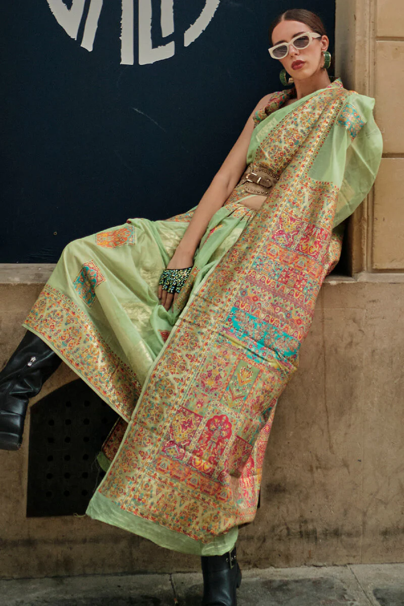 Quintessential Pista Pashmina saree With Alluring Blouse Piece - Image 2