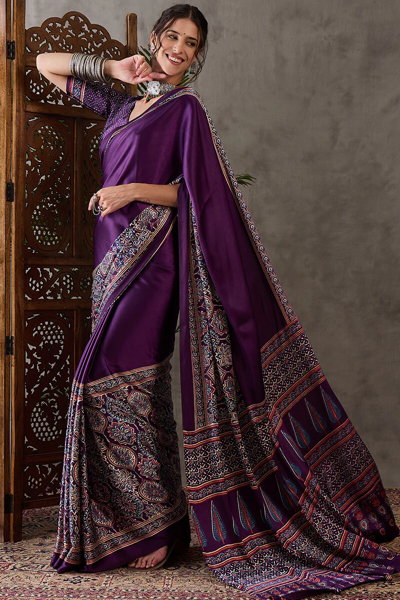 Quintessential Purple Ajrakh Printed Semi Modal Silk Saree With Blooming Blouse Piece - Image 3