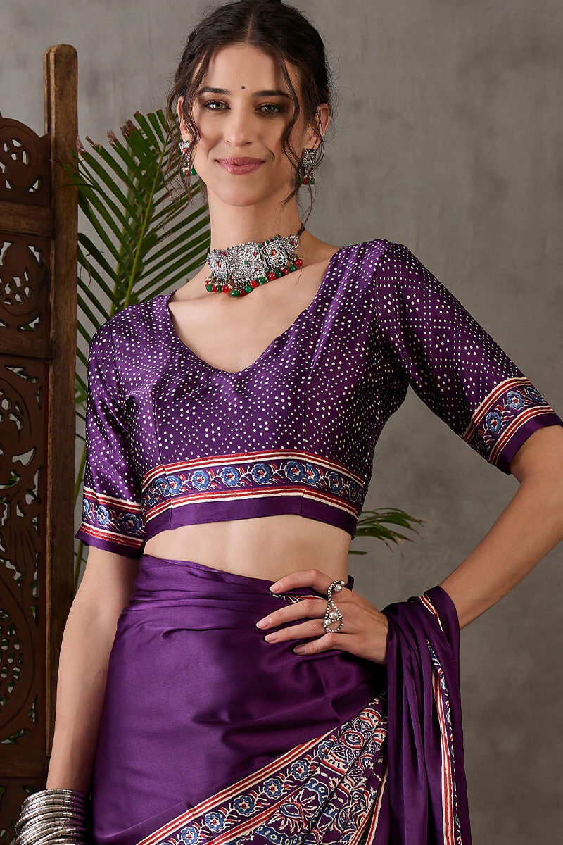 Quintessential Purple Ajrakh Printed Semi Modal Silk Saree With Blooming Blouse Piece - Image 4