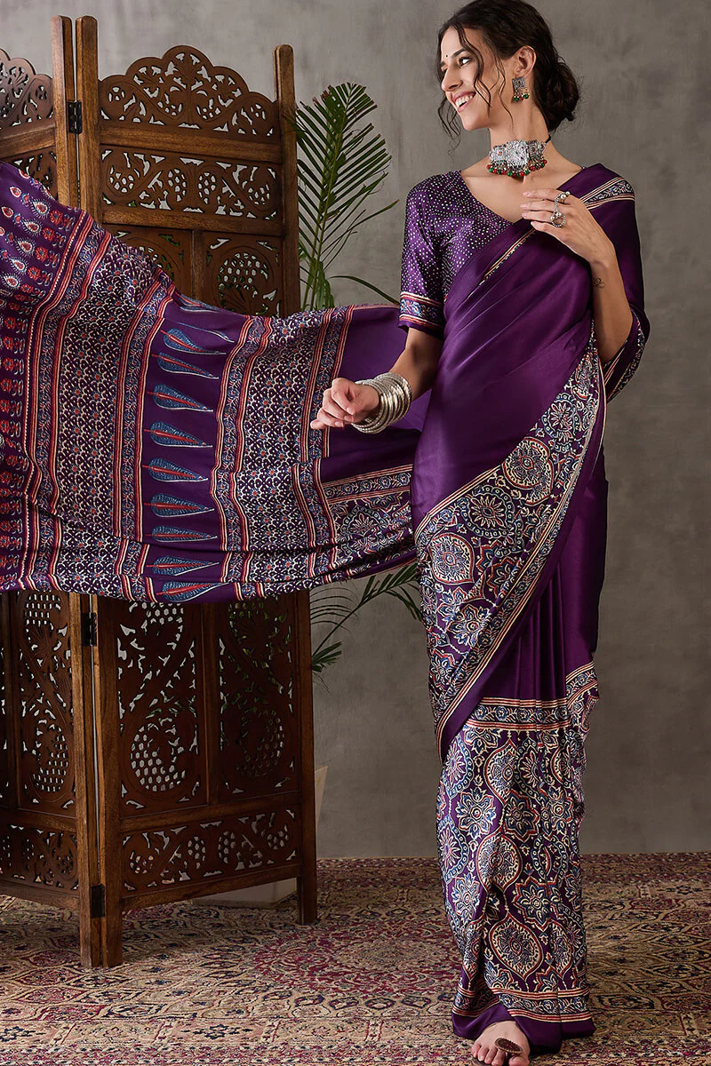 Quintessential Purple Ajrakh Printed Semi Modal Silk Saree With Blooming Blouse Piece - Image 5