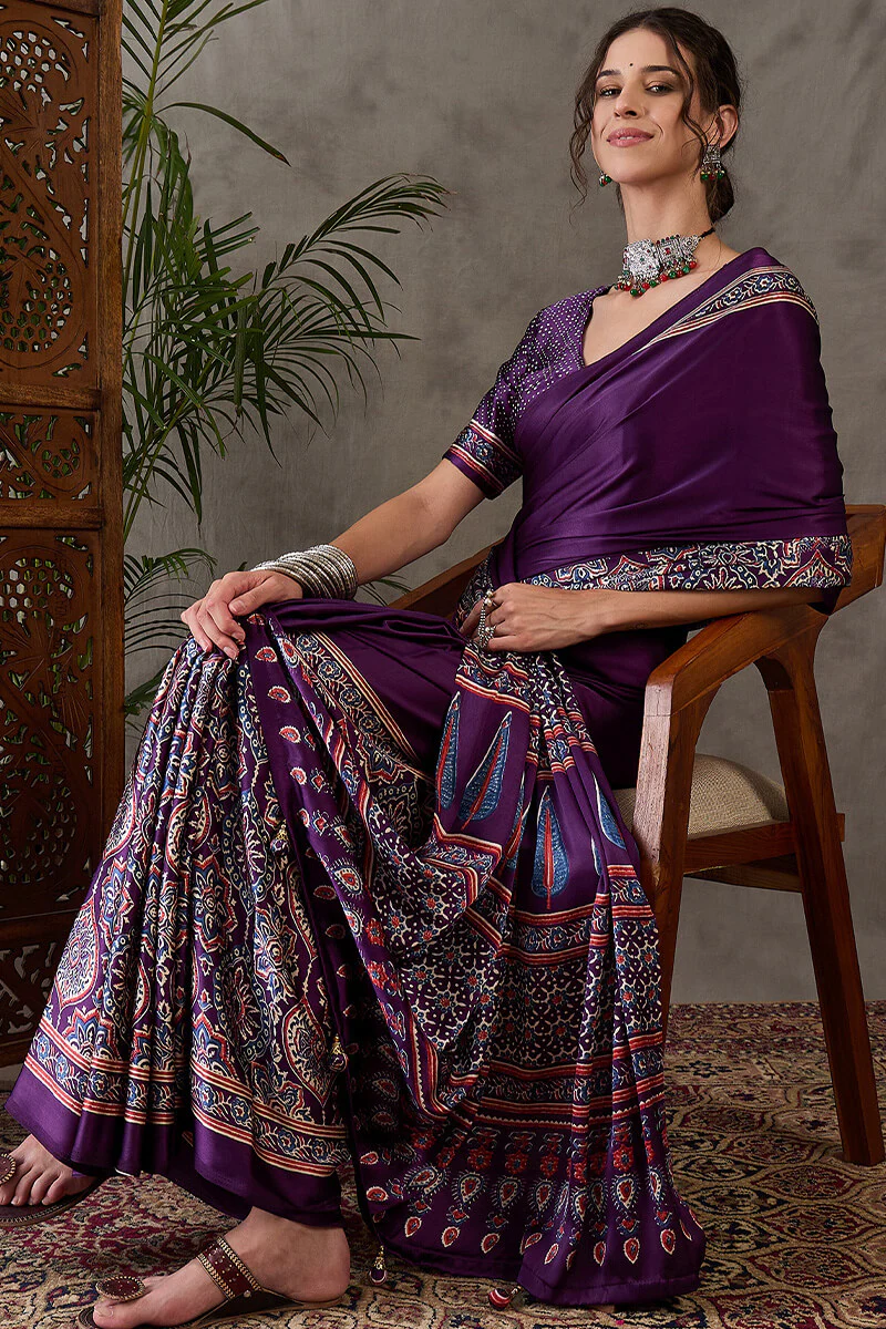 Quintessential Purple Ajrakh Printed Semi Modal Silk Saree With Blooming Blouse Piece - Image 6