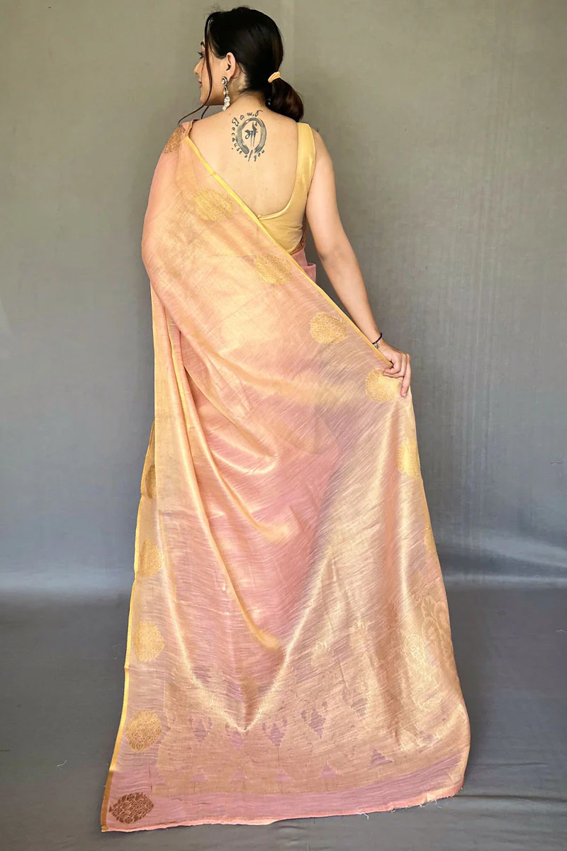 Quixotic Baby Pink Soft Banarasi Tissue Silk Saree With Embellished Blouse Piece - Image 4