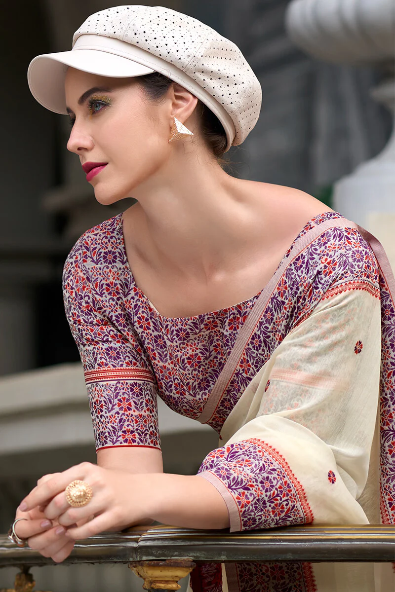 Quixotic Beige Cotton Silk Saree With Lustrous Blouse Piece - Image 3
