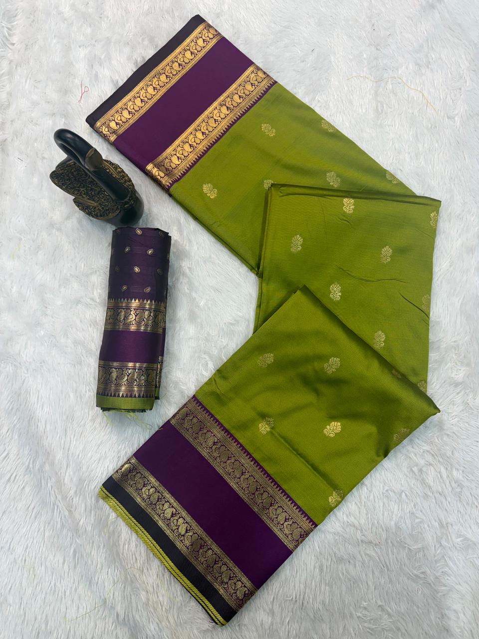 Quixotic Mehndi Soft Banarasi Kathpadar Silk Saree With Seraphic Blouse Piece - Image 2