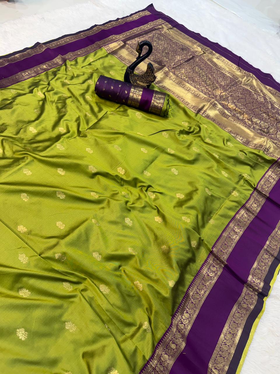 Quixotic Mehndi Soft Banarasi Kathpadar Silk Saree With Seraphic Blouse Piece - Image 3
