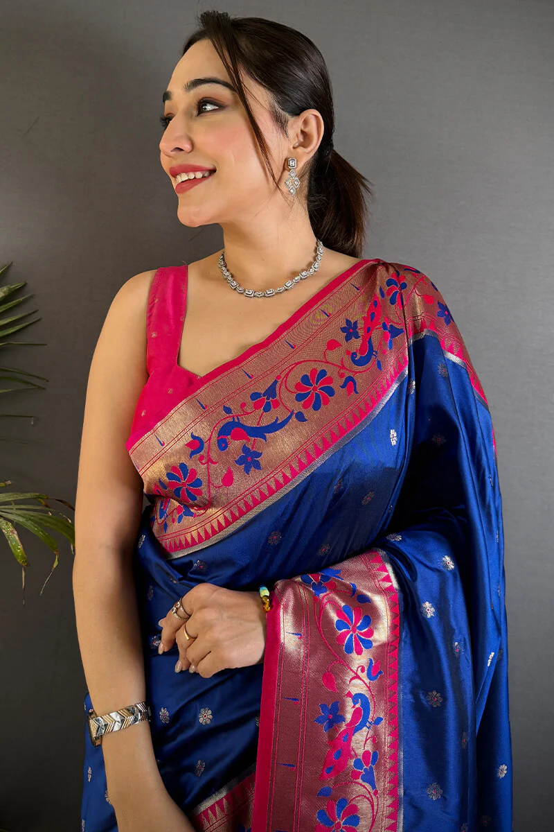 Quixotic Navy Blue Paithani Silk Saree With Pleasurable Blouse Piece - Image 2