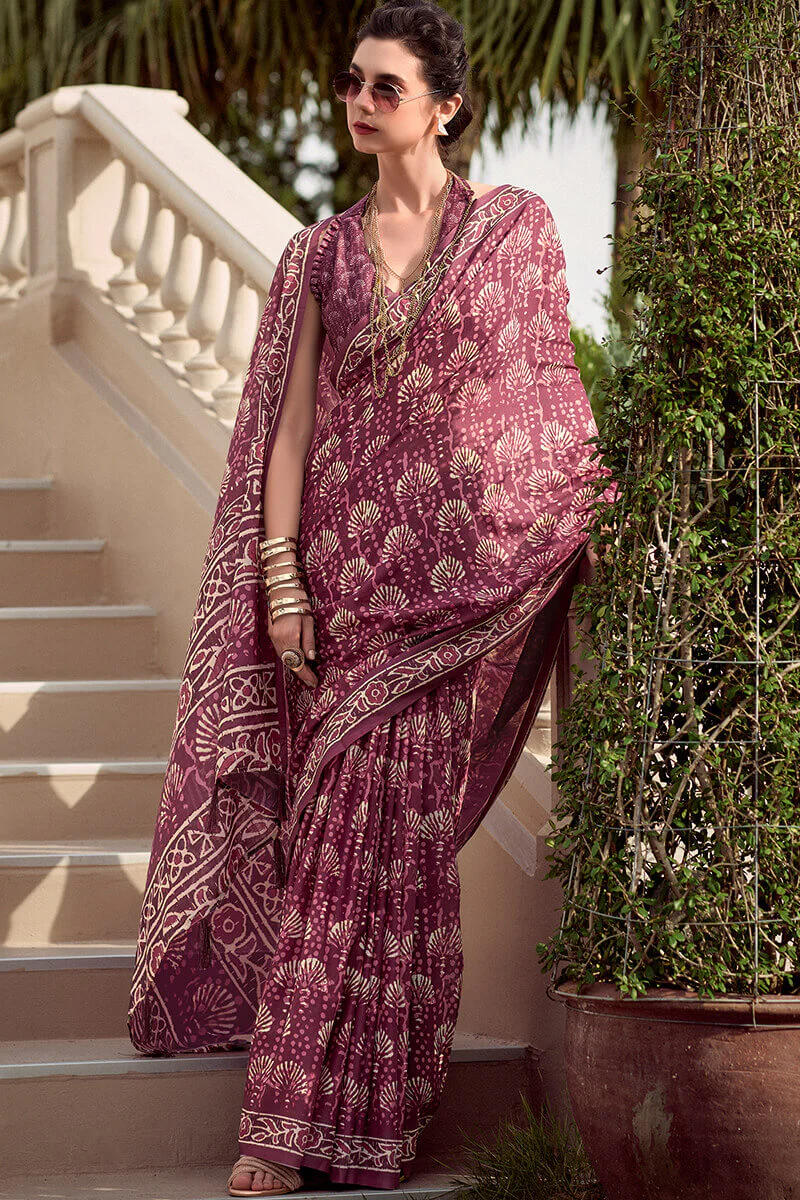 Quixotic Wine Printed Mul Cotton Saree With Embellished Blouse Piece