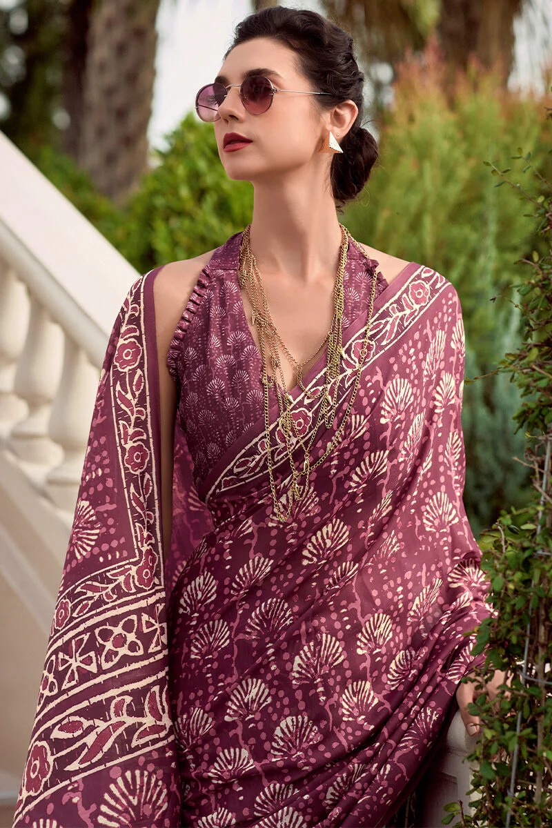 Quixotic Wine Printed Mul Cotton Saree With Embellished Blouse Piece - Image 2