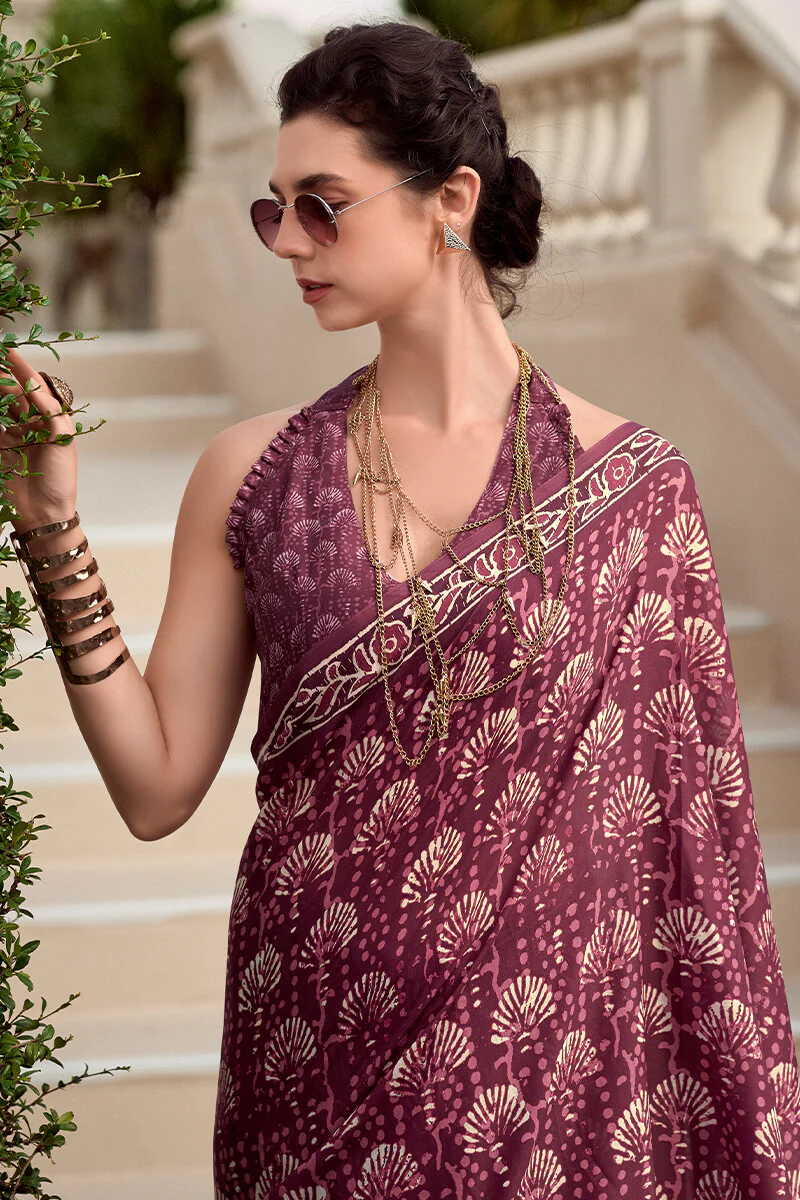 Quixotic Wine Printed Mul Cotton Saree With Embellished Blouse Piece - Image 3