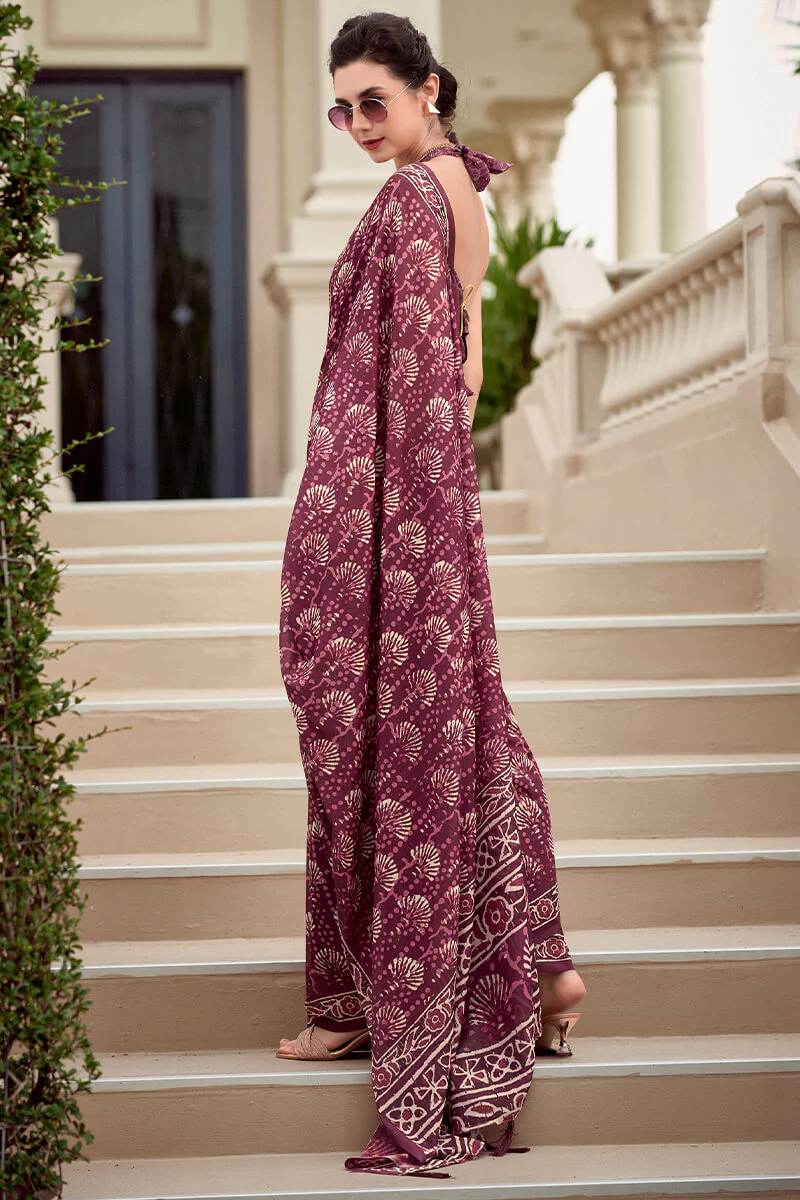 Quixotic Wine Printed Mul Cotton Saree With Embellished Blouse Piece - Image 4