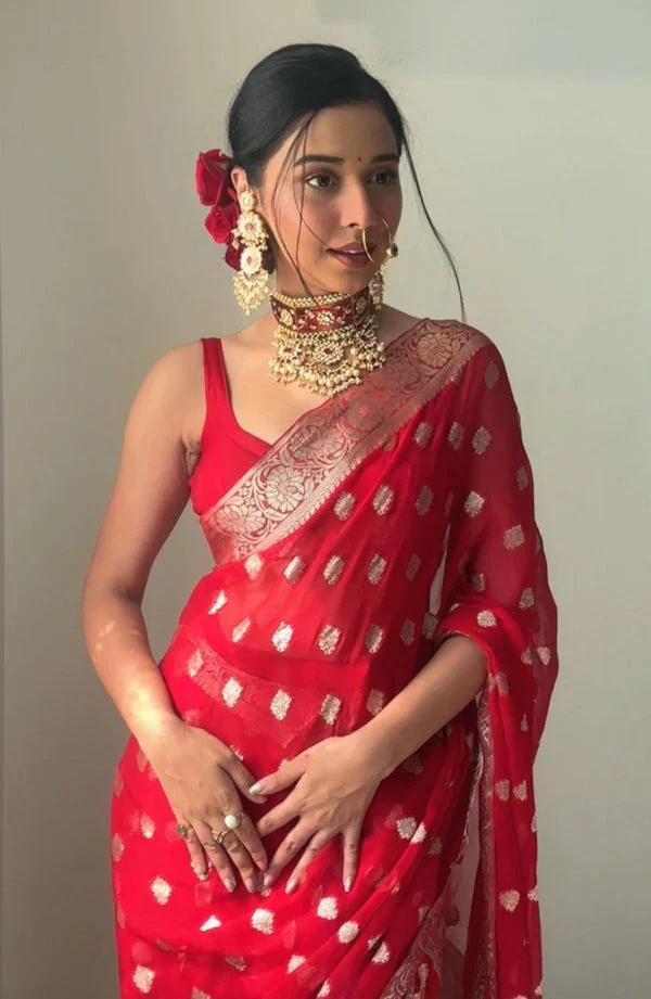Radiant 1-Minute Ready To Wear Red Cotton Silk Saree - Image 2