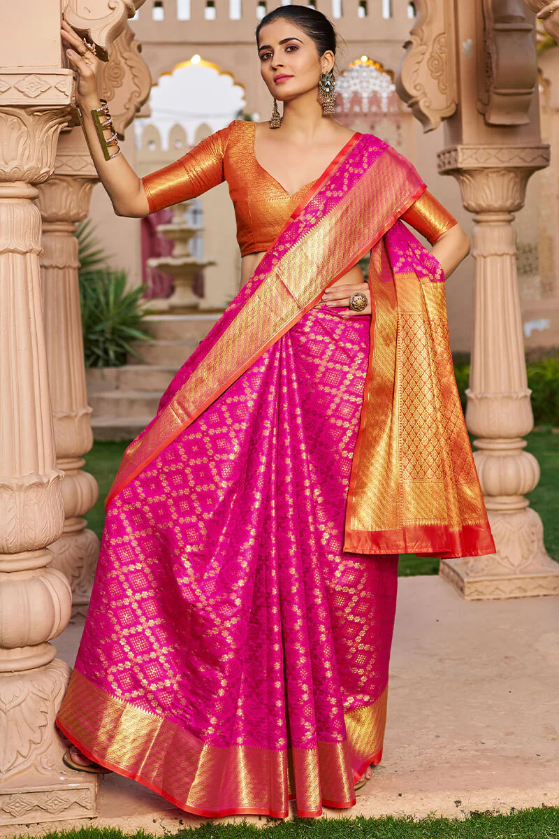 Radiant Dark Pink Patola Silk Saree with Glowing Blouse Piece - Image 3