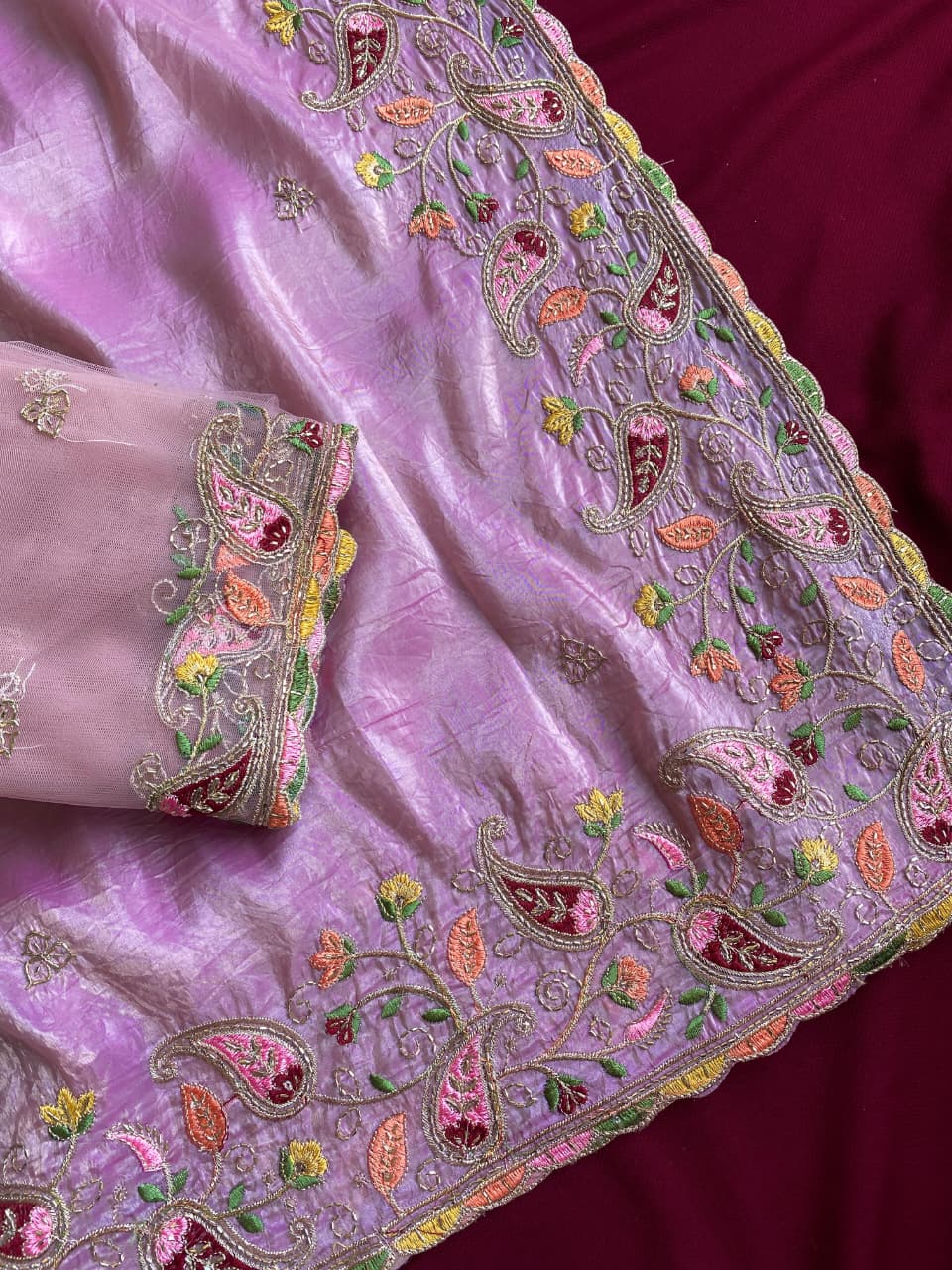 Radiant Lavender Embroidery Work Crush Silk Saree With Delightful Blouse Piece - Image 3