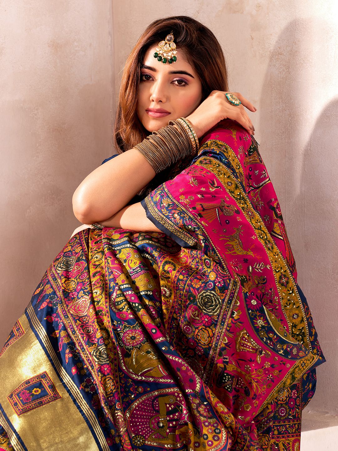 Radiant Navy Blue Nylon Dola Pashmina Saree With Luminous Blouse Piece - Image 2