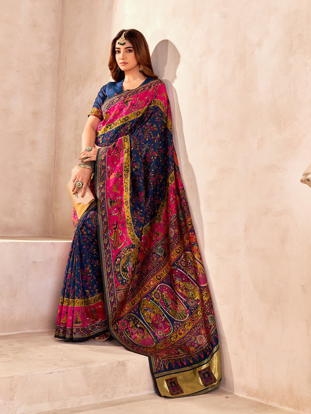 Radiant Navy Blue Nylon Dola Pashmina Saree With Luminous Blouse Piece - Image 3