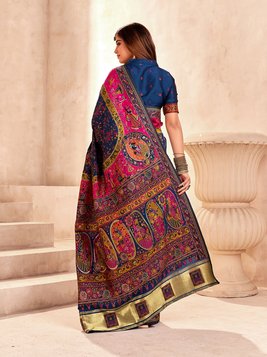 Radiant Navy Blue Nylon Dola Pashmina Saree With Luminous Blouse Piece - Image 4