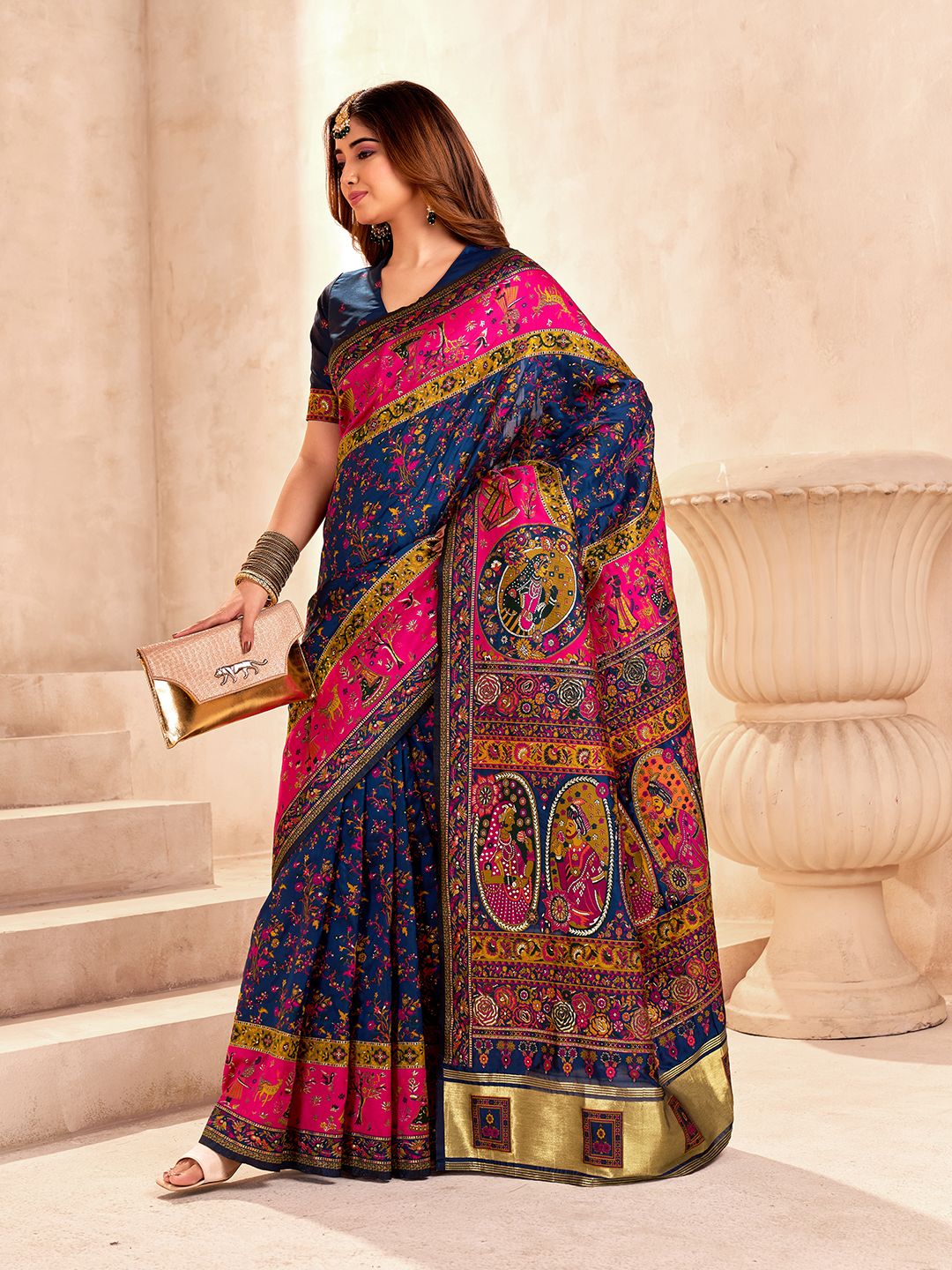 Radiant Navy Blue Nylon Dola Pashmina Saree With Luminous Blouse Piece - Image 5