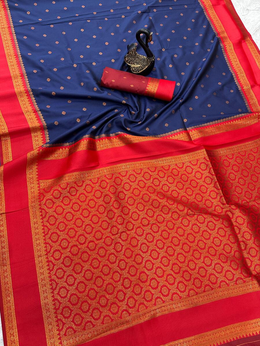 Radiant Navy Blue Soft Banarasi Silk Saree With Fugacious Blouse Piece - Image 3