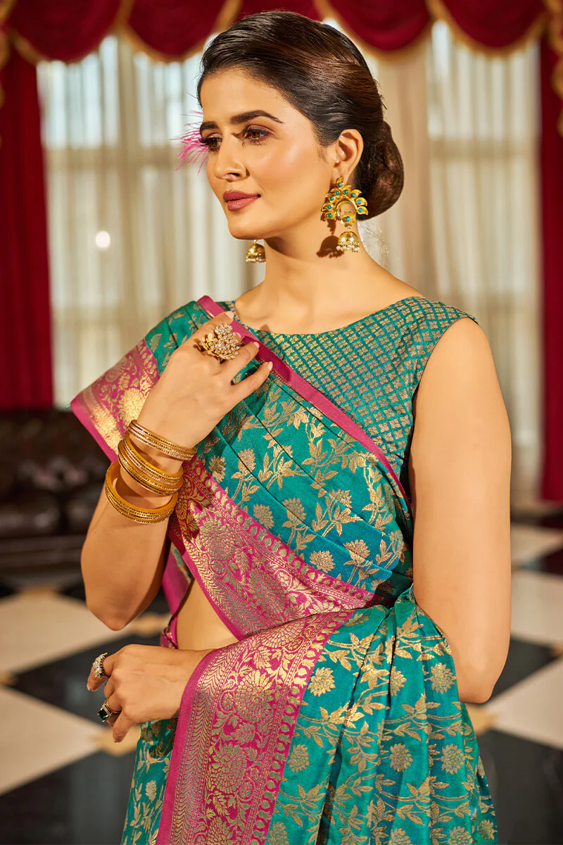 Radiant Rama Soft Banarasi Silk Saree With Beautiful Blouse Piece - Image 2