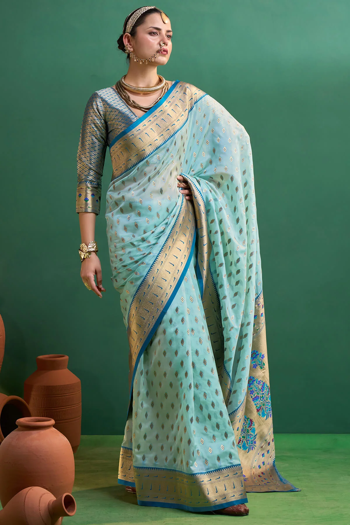 Radiant Sky Organza Paithani Silk Saree With Inspiring Blouse Piece - Image 4