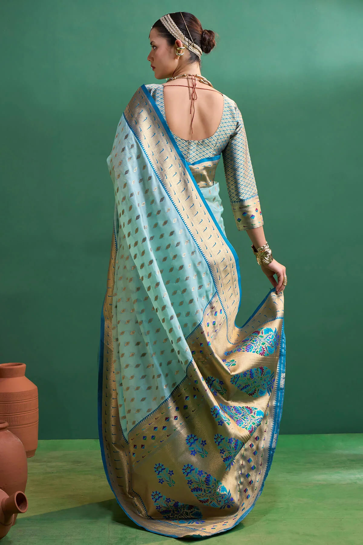 Radiant Sky Organza Paithani Silk Saree With Inspiring Blouse Piece - Image 6