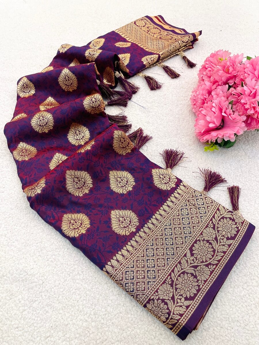 Radiant Wine Pure Zari Weaving Banarasi Silk Saree With Unique Blouse Piece - Image 2