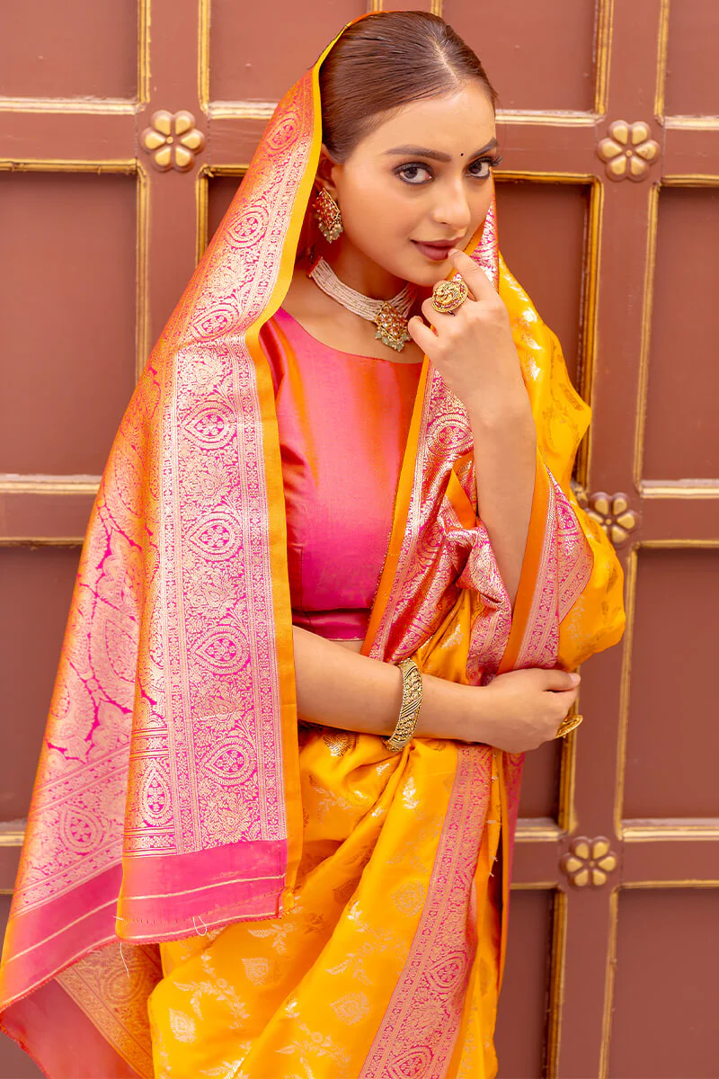 Radiant Yellow Soft Banarasi Silk Saree With Delightful Blouse Piece - Image 2