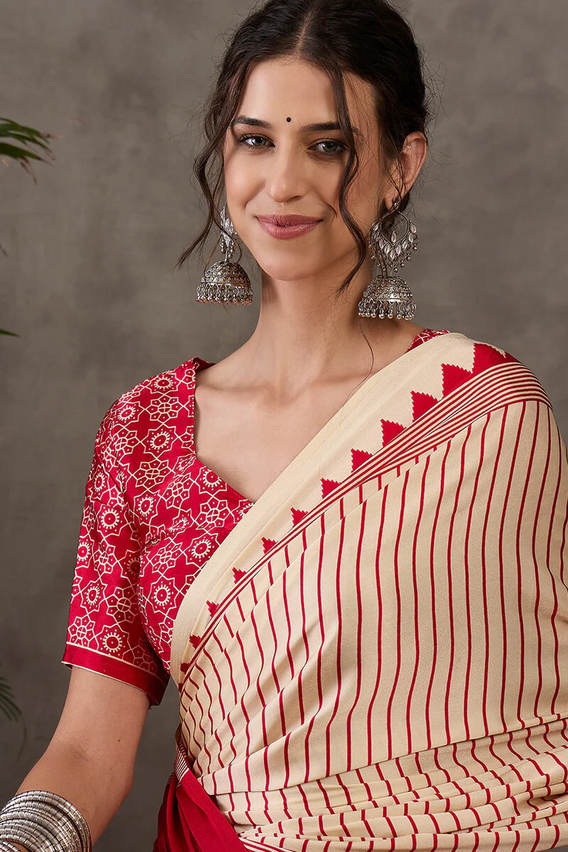 Ratatouille Beige Ajrakh Printed Semi Modal Silk Saree With Lissome Blouse Piece - Image 2