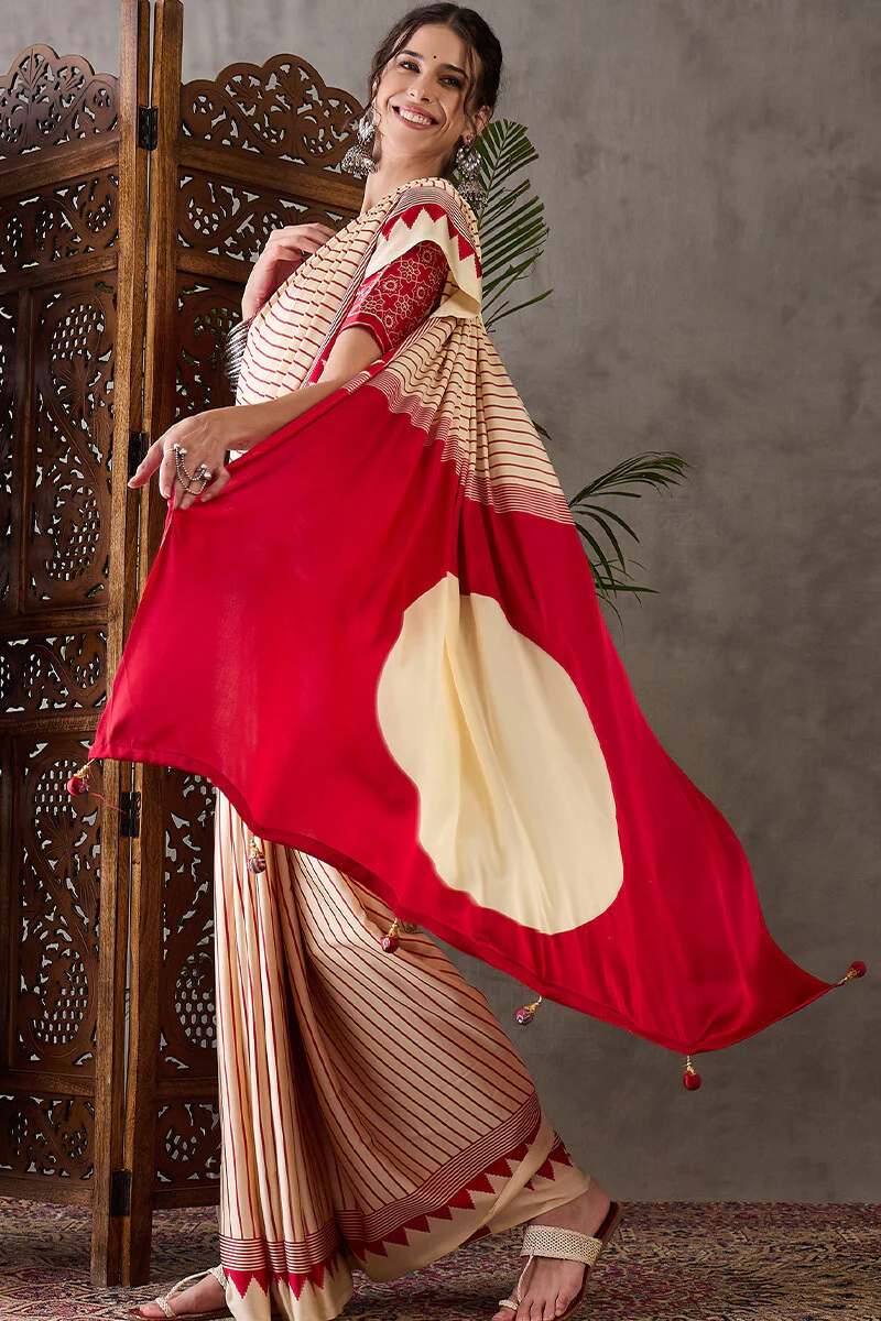 Ratatouille Beige Ajrakh Printed Semi Modal Silk Saree With Lissome Blouse Piece - Image 3