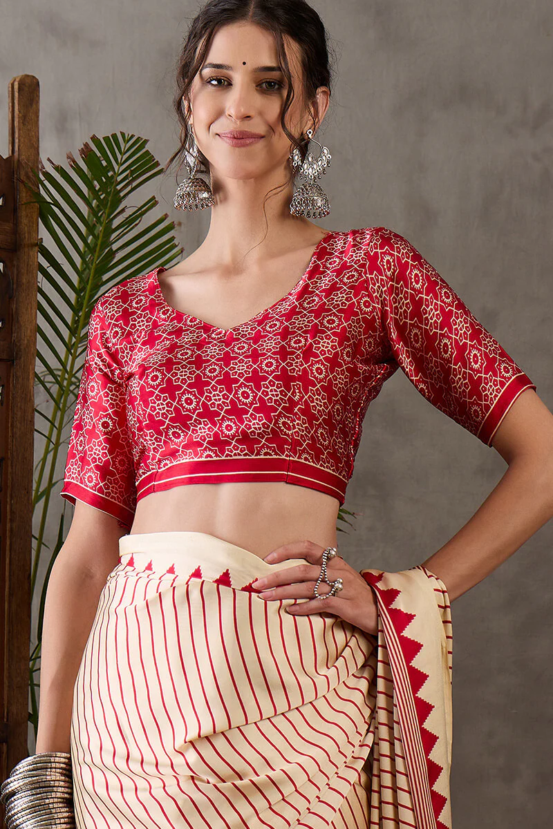 Ratatouille Beige Ajrakh Printed Semi Modal Silk Saree With Lissome Blouse Piece - Image 4