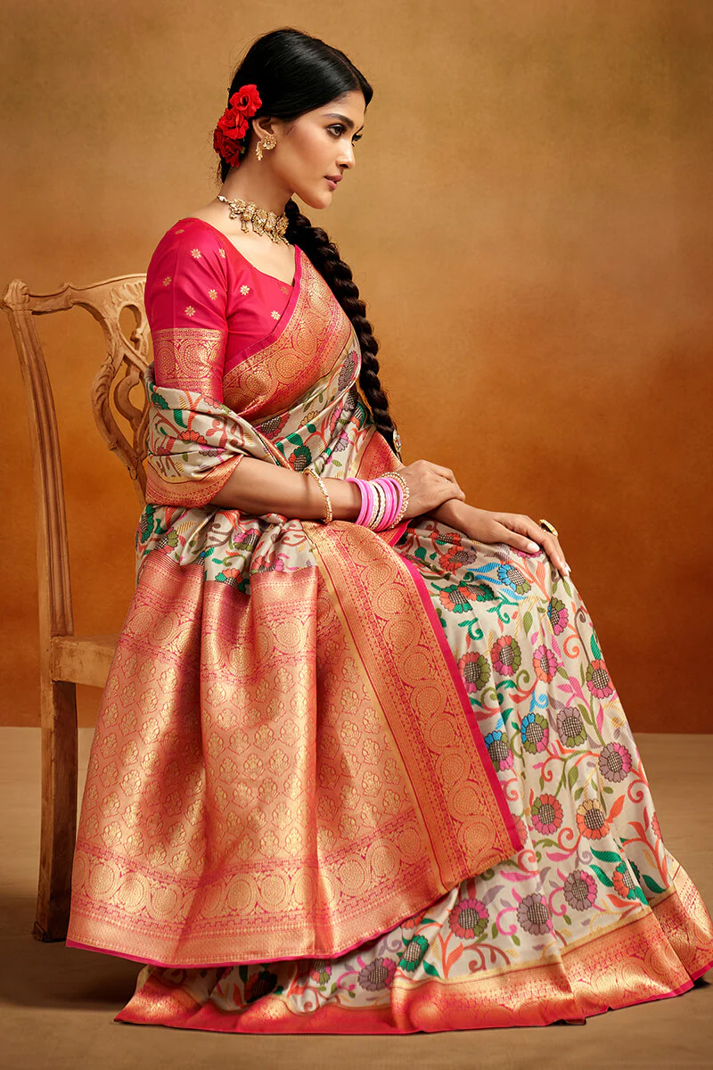 Ratatouille Beige Kalamkari Printed Saree With Rhapsodic Blouse Piece - Image 4