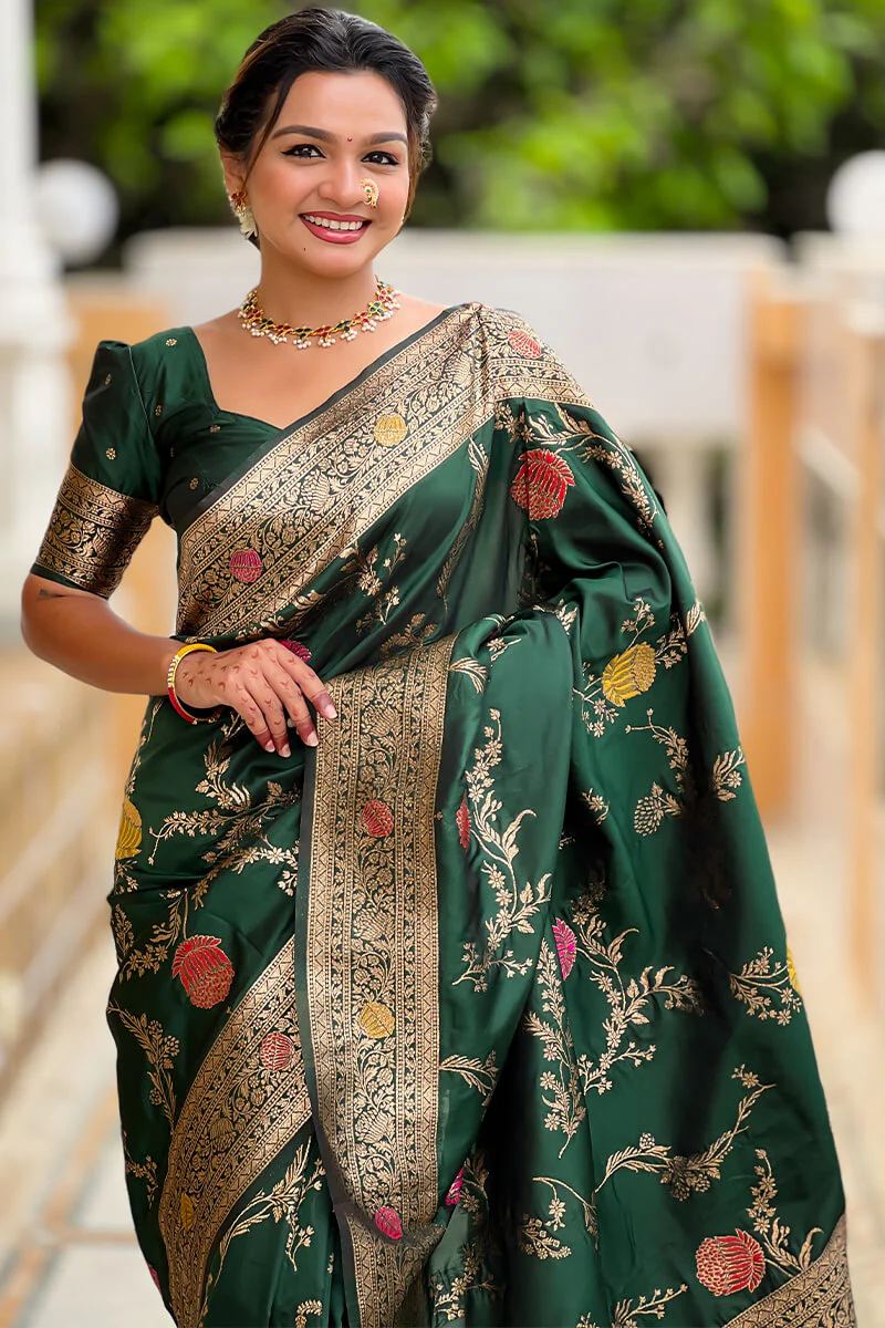Ratatouille Dark Green Soft Banarasi Silk Saree With Embrocation Blouse Piece - Image 2
