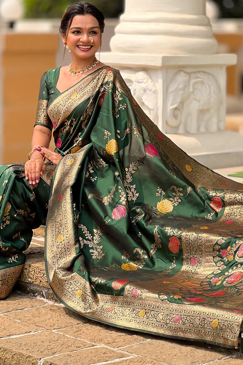 Ratatouille Dark Green Soft Banarasi Silk Saree With Embrocation Blouse Piece - Image 3