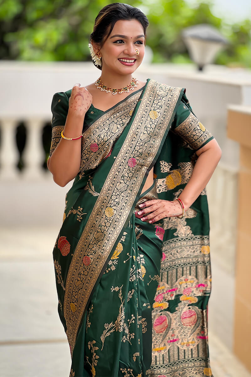 Ratatouille Dark Green Soft Banarasi Silk Saree With Embrocation Blouse Piece - Image 5