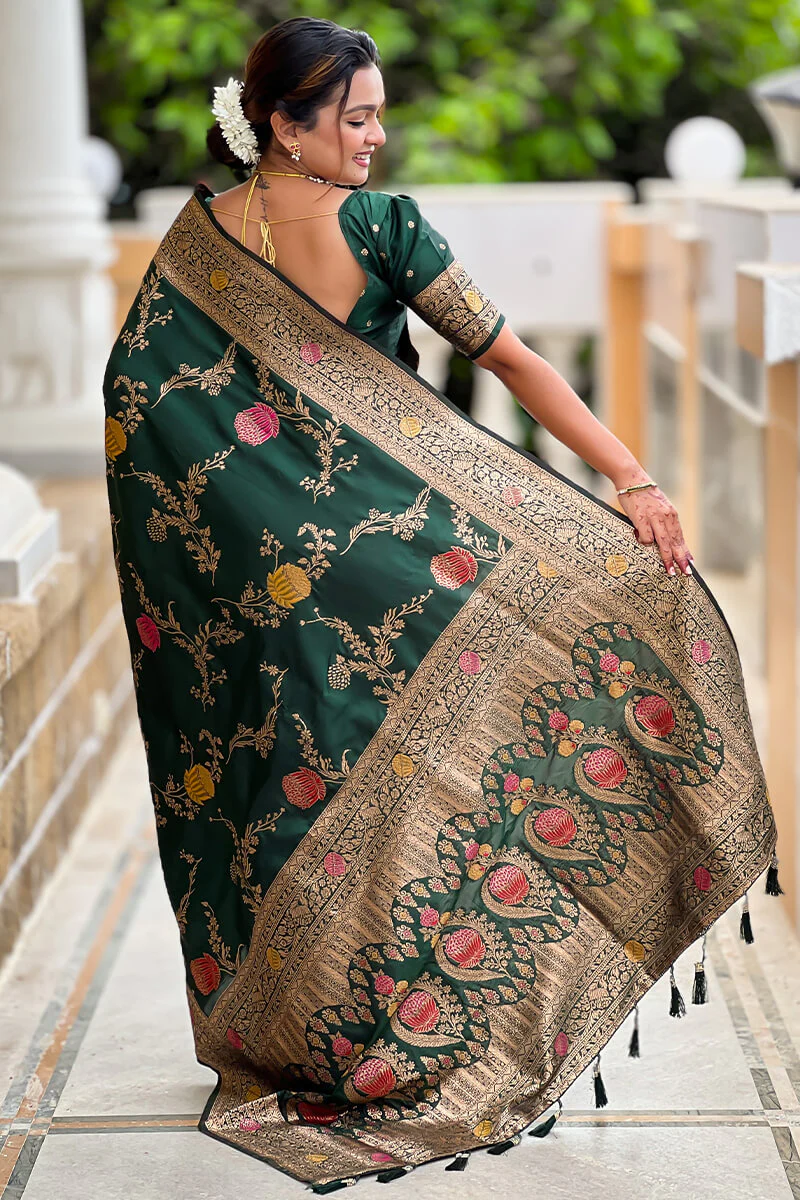 Ratatouille Dark Green Soft Banarasi Silk Saree With Embrocation Blouse Piece - Image 7