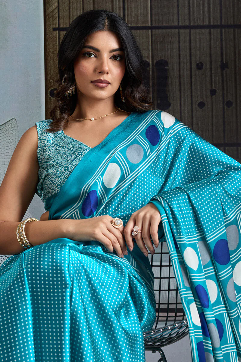 Ratatouille Firozi Ajrakh Printed Satin Silk Saree With Allure Blouse Piece - Image 2