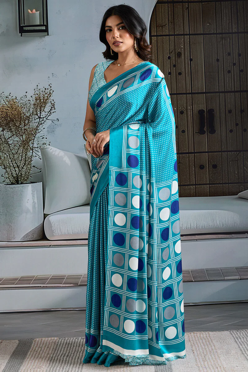 Ratatouille Firozi Ajrakh Printed Satin Silk Saree With Allure Blouse Piece - Image 3