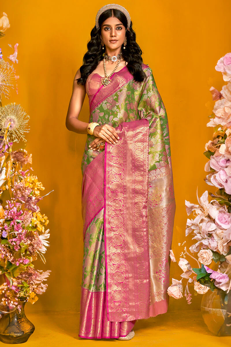 Ratatouille Green Kanjivaram Silk Saree With Engrossing Blouse Piece