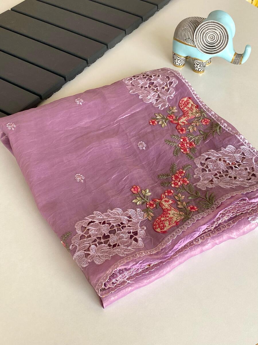 Ratatouille Lavender Embroidery Work Crush Silk Saree With Charming Blouse Piece - Image 2