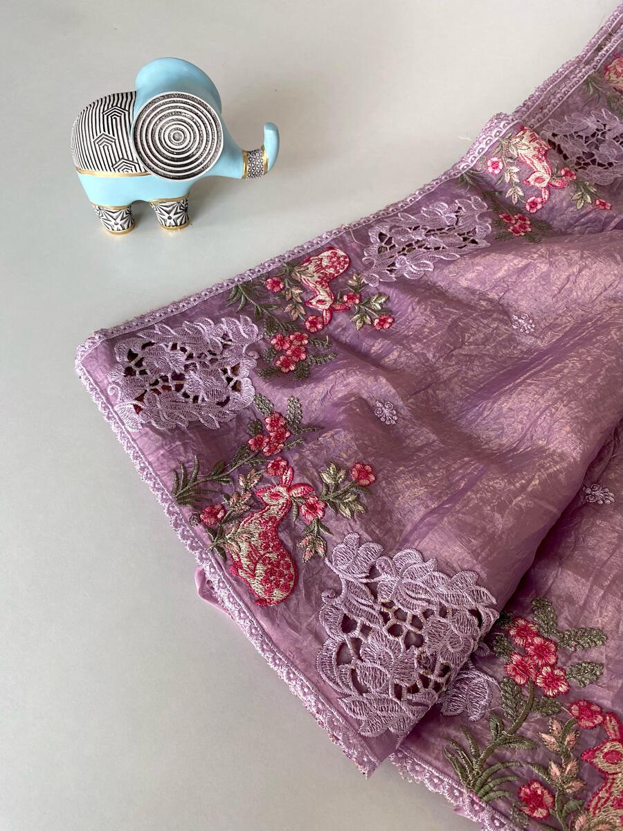 Ratatouille Lavender Embroidery Work Crush Silk Saree With Charming Blouse Piece - Image 3