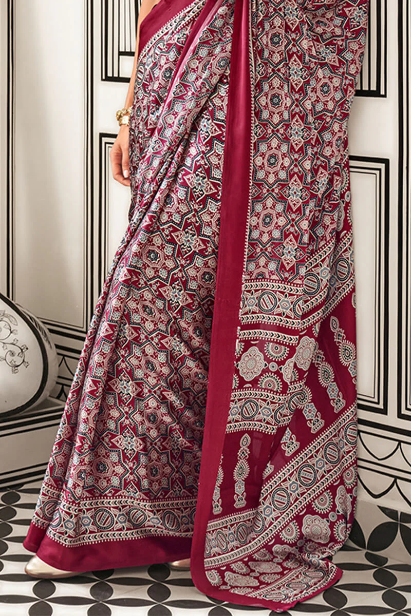 Ratatouille Maroon Digital Printed Satin Silk Saree With Delectable Blouse Piece - Image 3