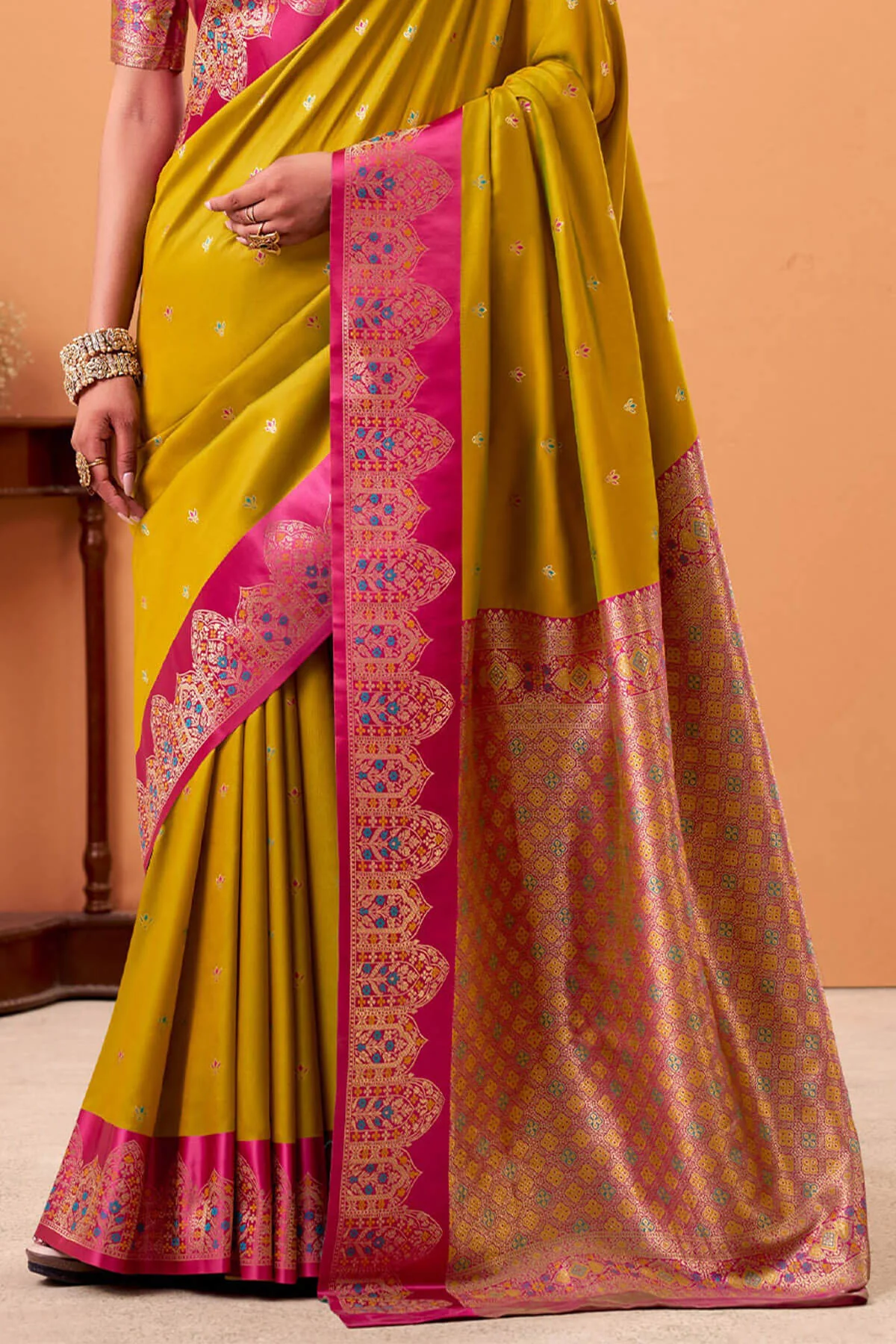 Ratatouille Mustard Banarasi Satin Silk Saree With Forbearance Blouse - Image 4