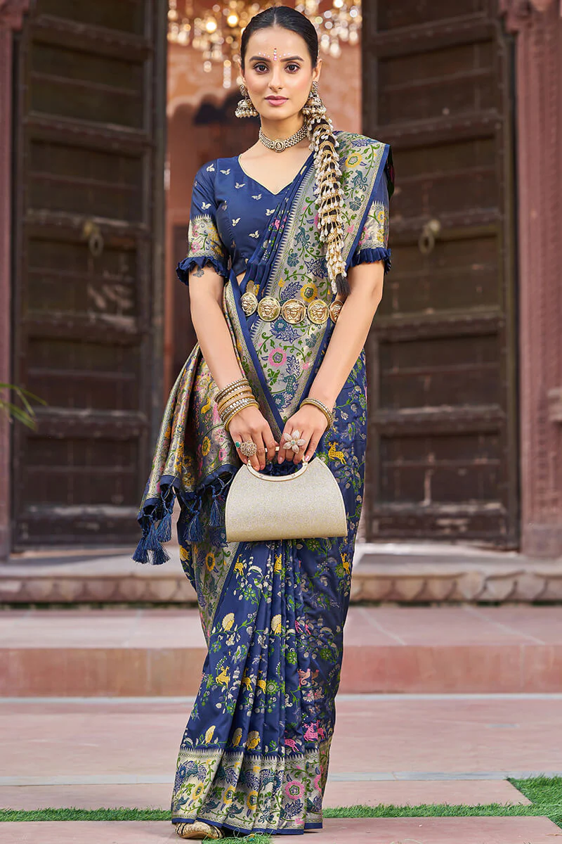 Ratatouille Navy Blue Paithani Silk Saree With Lagniappe Blouse Piece - Image 3