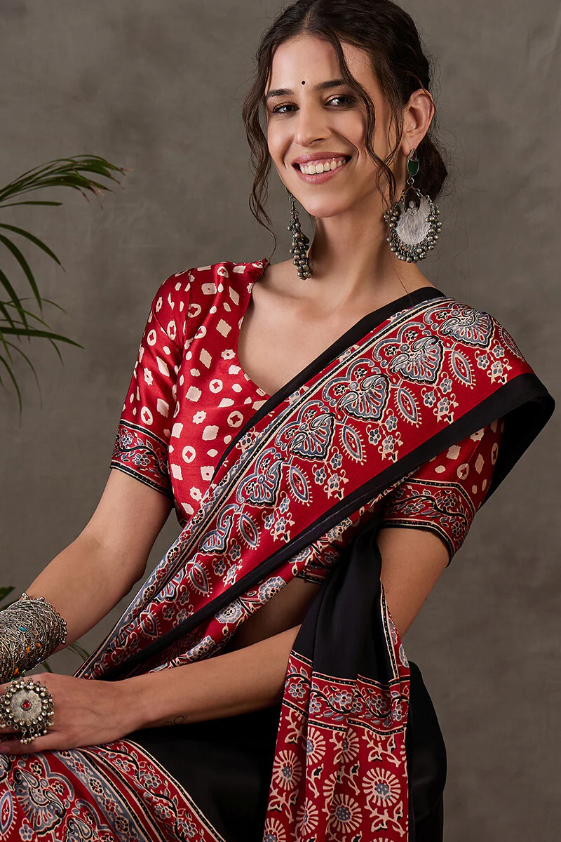 Ravishing Black Ajrakh Printed Semi Modal Silk Saree With Excellent Blouse Piece - Image 2