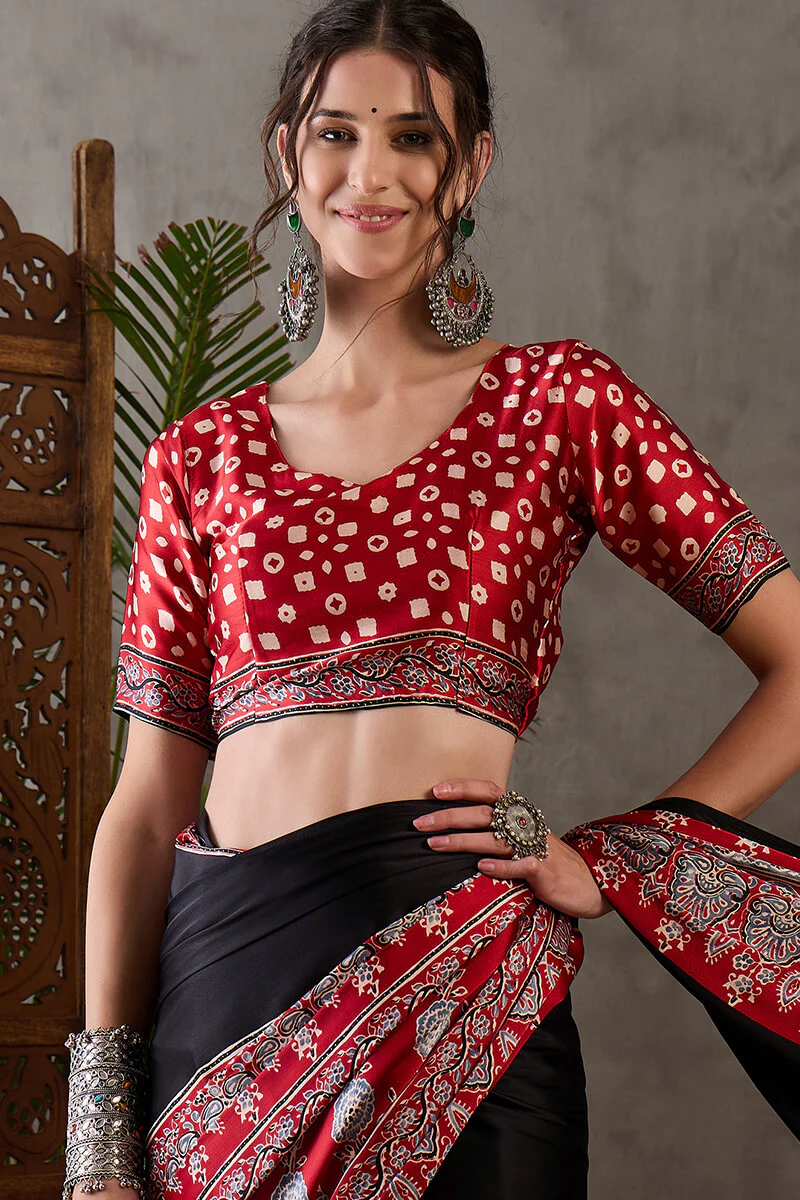 Ravishing Black Ajrakh Printed Semi Modal Silk Saree With Excellent Blouse Piece - Image 4