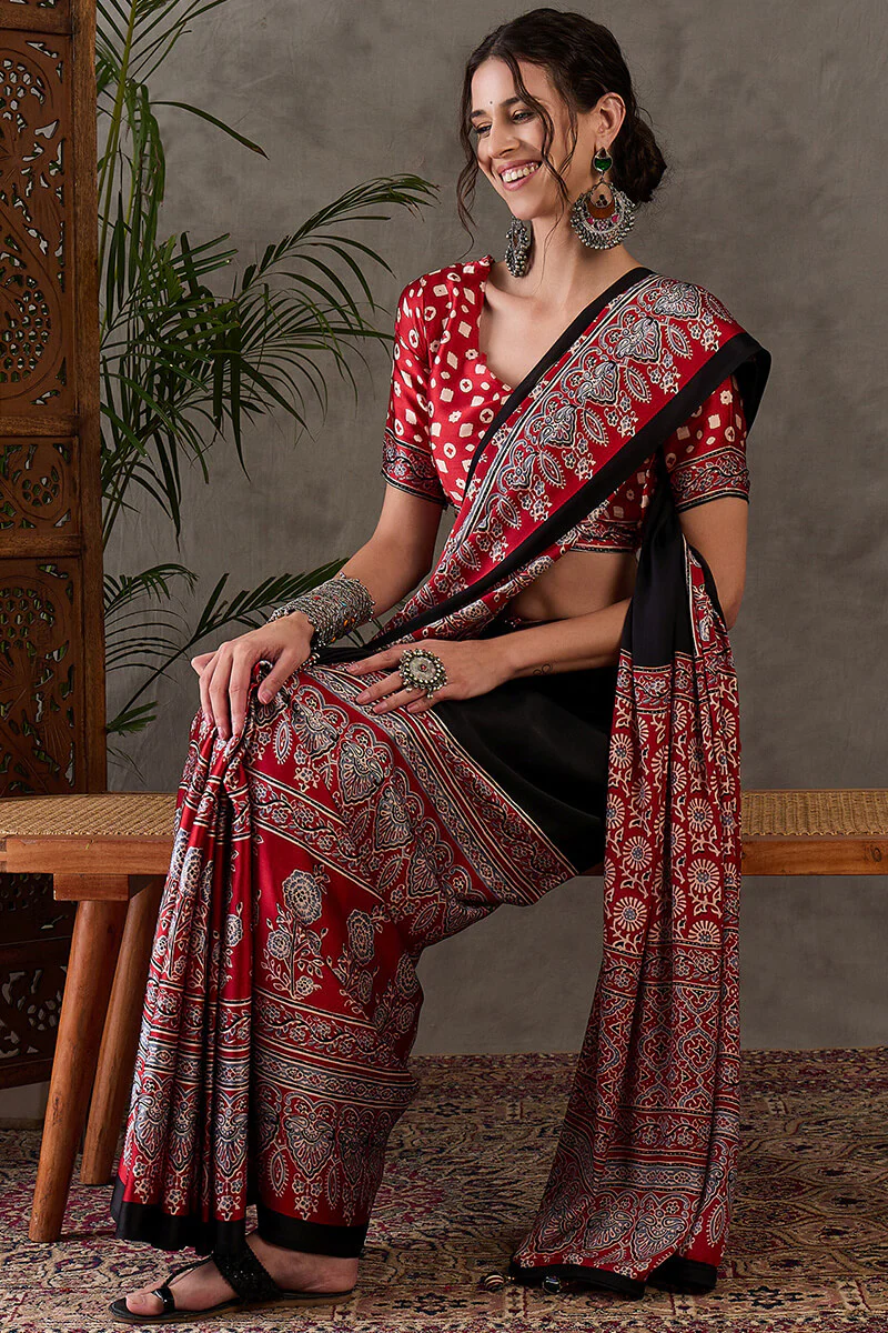 Ravishing Black Ajrakh Printed Semi Modal Silk Saree With Excellent Blouse Piece - Image 6