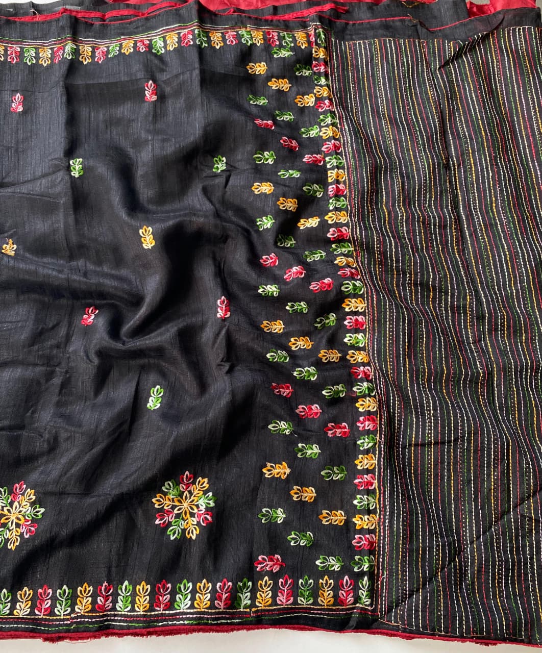 Ravishing Black Embroidery Work Tussar Silk Saree With Surreptitious Blouse Piece - Image 2