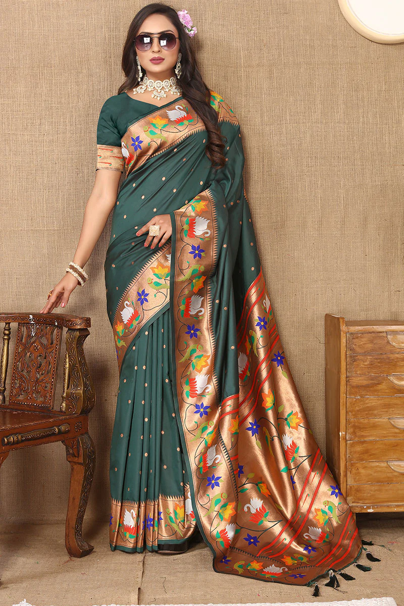 Ravishing Dark Green Paithani Silk Saree With Delightful Blouse Piece - Image 4